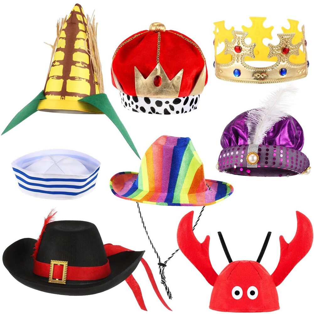6651 8 Assorted Funny Hats Bulk for Dress up Costume Photo Booth Props